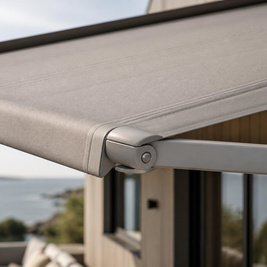 Närbild på premium markisväv och aluminiumarm från MARKISVERKET
