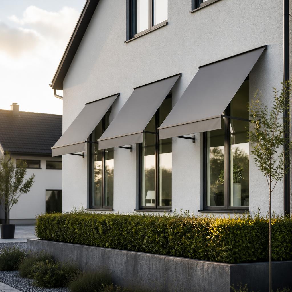 Skandinavisk villa med fönstermarkiser i grått