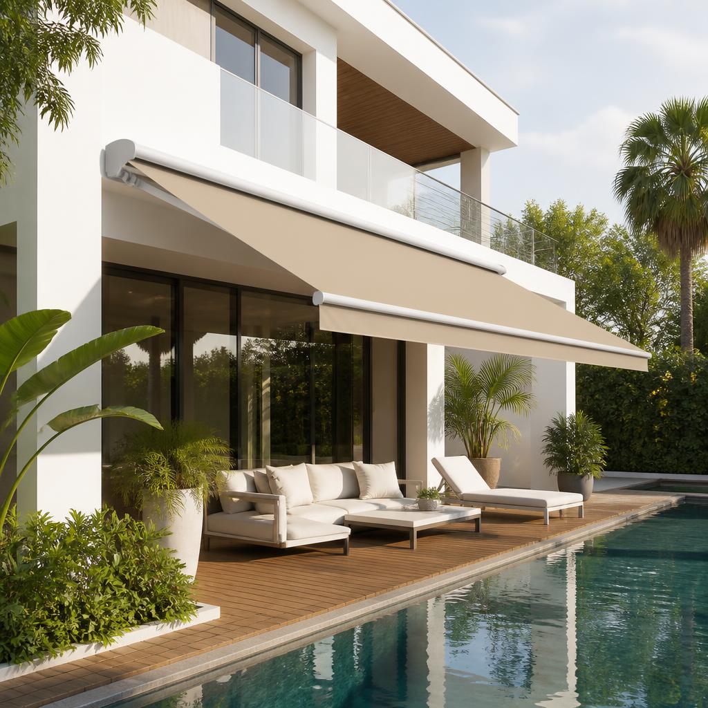 Modern villa med terrassmarkis vid pool