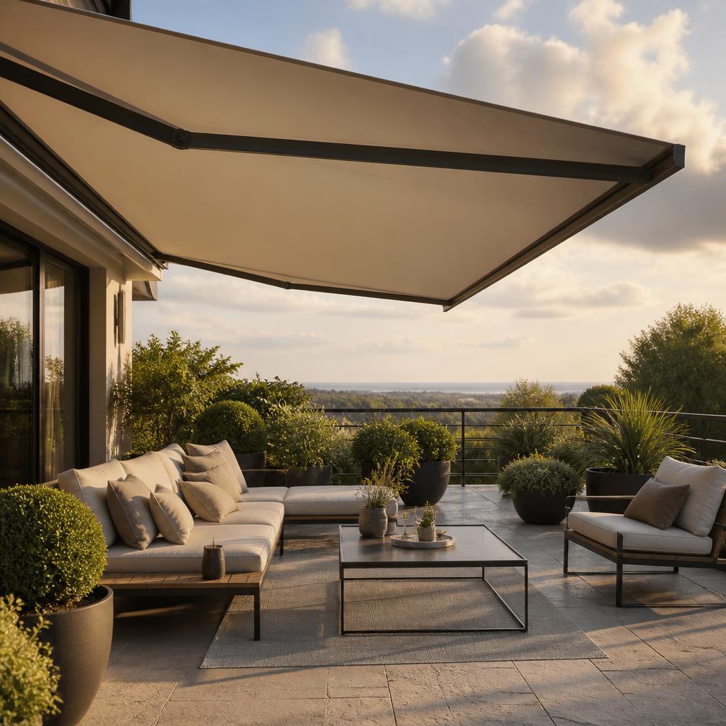 Poolområde med pergola och solskydd